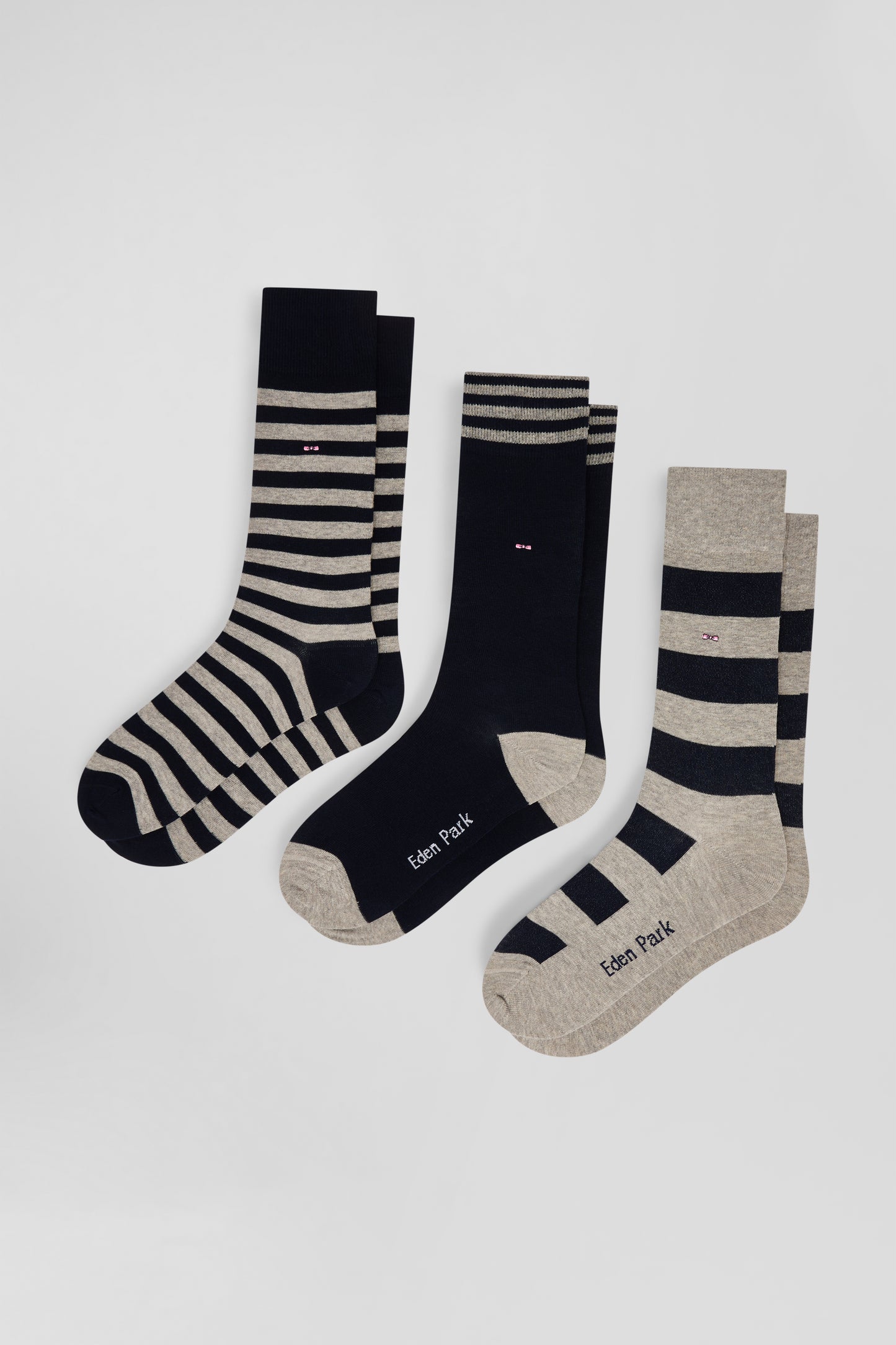 Lot de trois paires de chaussettes rayées grises et marine