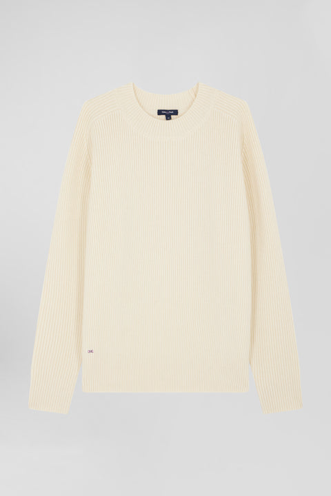 Pull col rond uni en laine et cachemire beige coupe Regular - Image 1