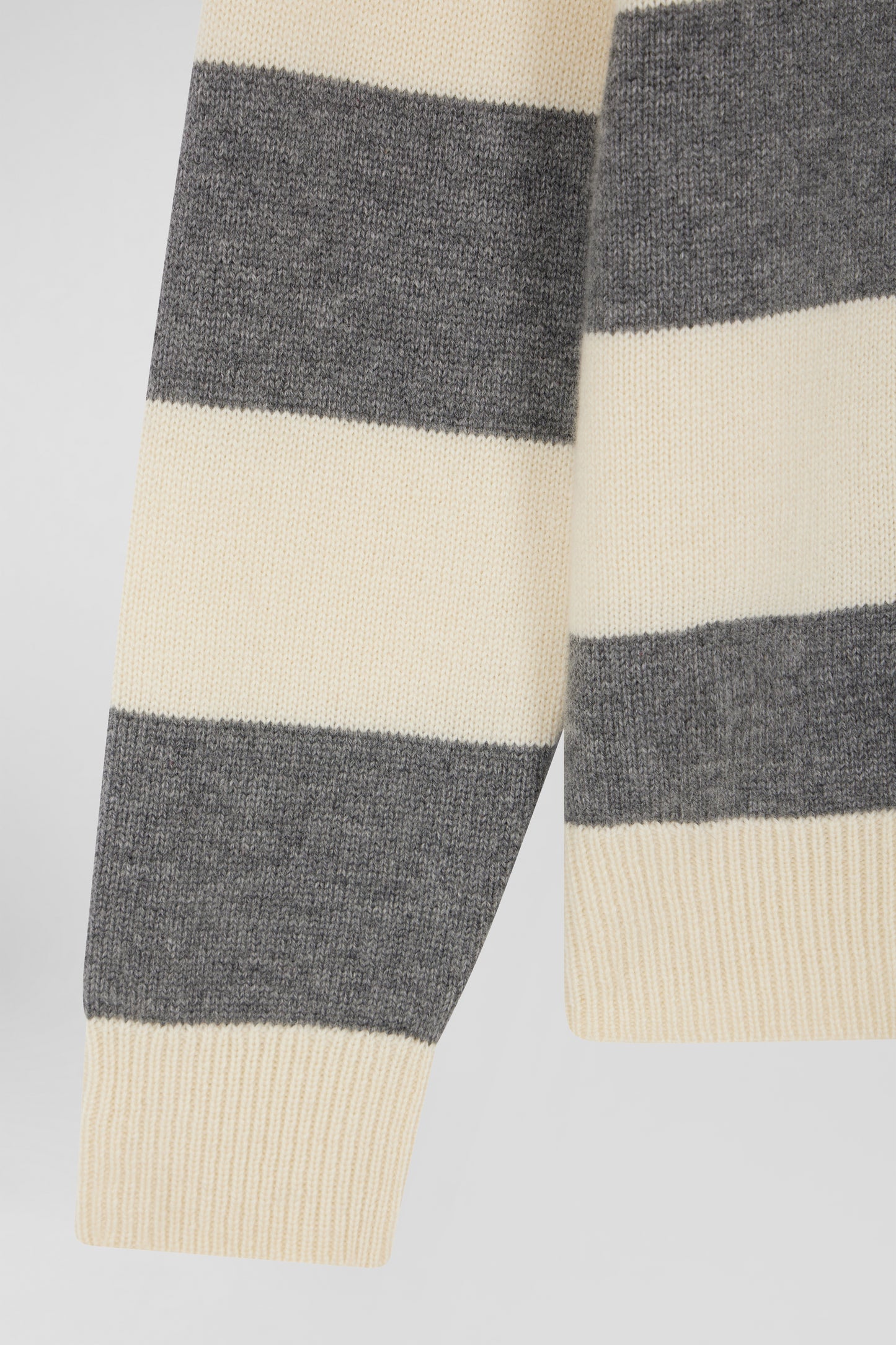 Light grey and ecru striped wool and cashmere polo-neck sweater