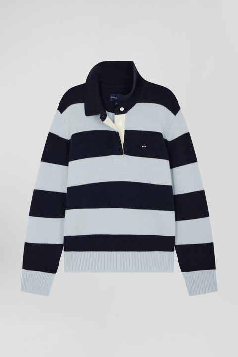Light blue and navy striped wool and cashmere polo-neck sweater - Image 1