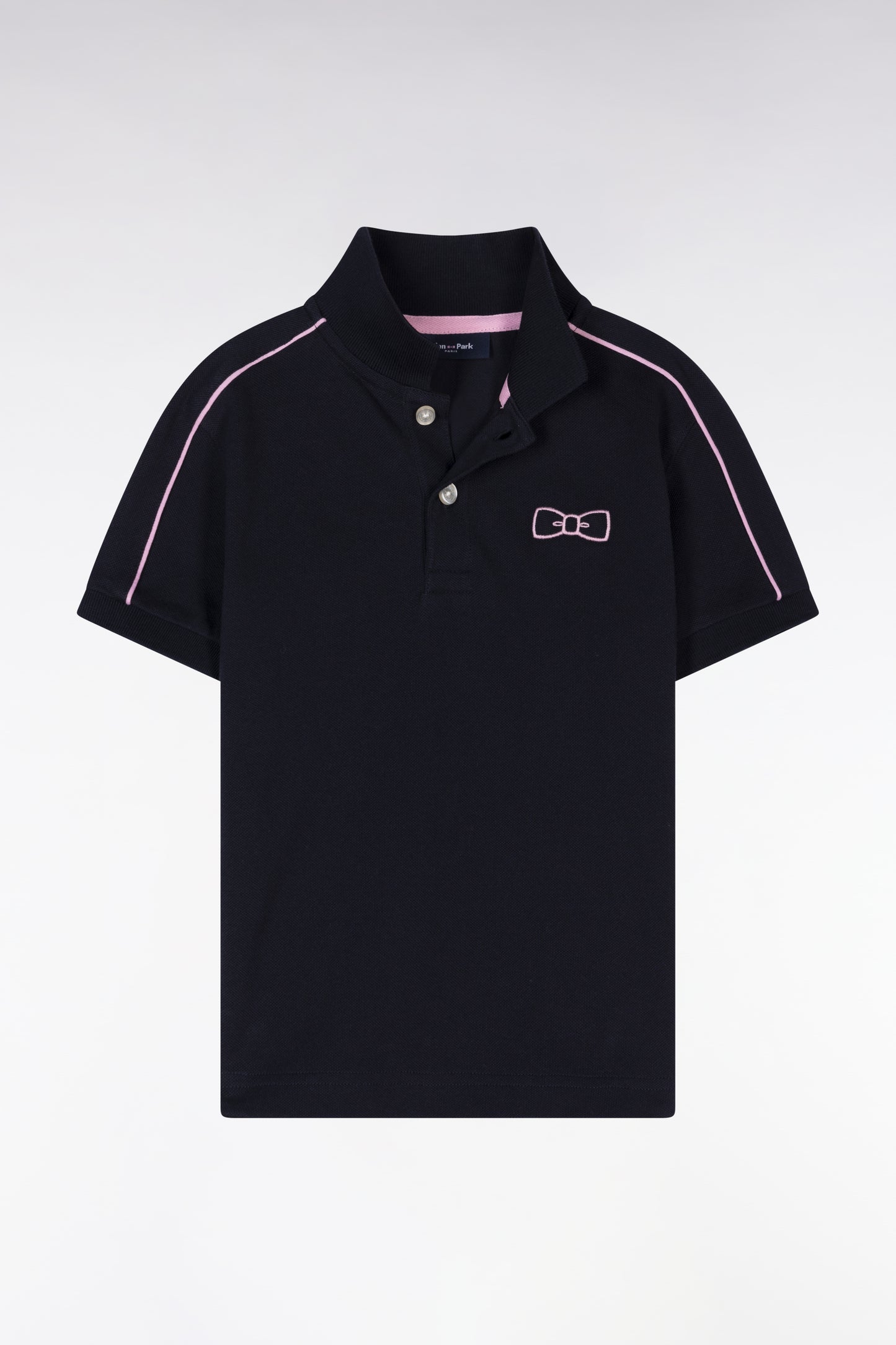 Straight-fit short-sleeved navy cotton piqué polo shirt with pink piping