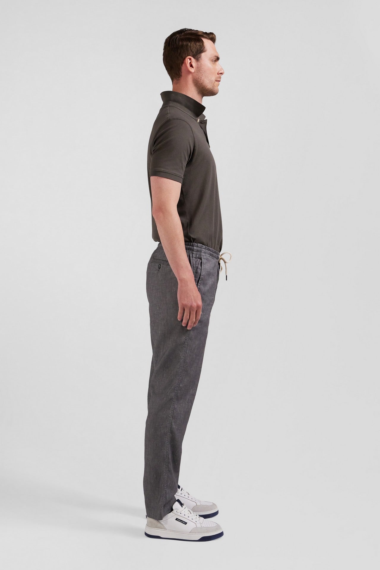 Pantalon à taille élastiquée en lin mélangé coupe Slim gris