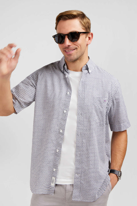 Dark blue cotton dobby checked shirt - Image 3