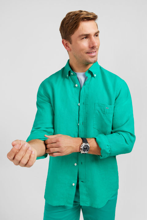 Chemise unie verte en lin - Image 3
