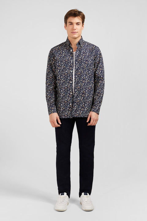 Chemise en popeline bleu foncé imprimée feuillage - Image 1