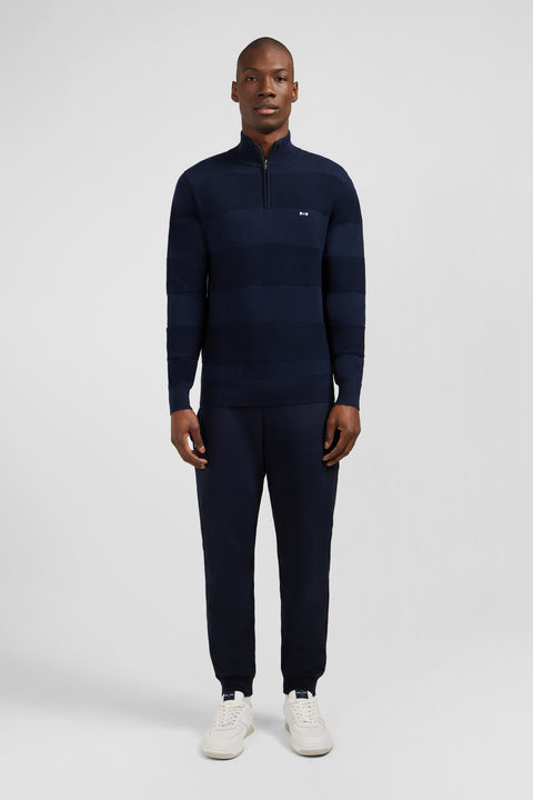 Navy semi-zipped sweater in cotton combination knit - Image 1