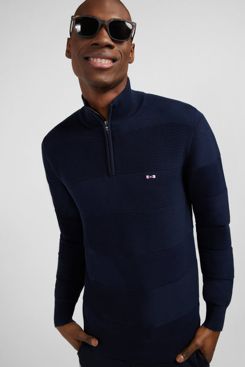 Navy semi-zipped sweater in cotton combination knit - Image 3