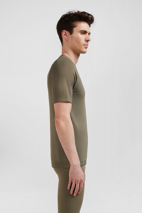 Khaki green short-sleeved sports T-shirt with striped details - Image 3