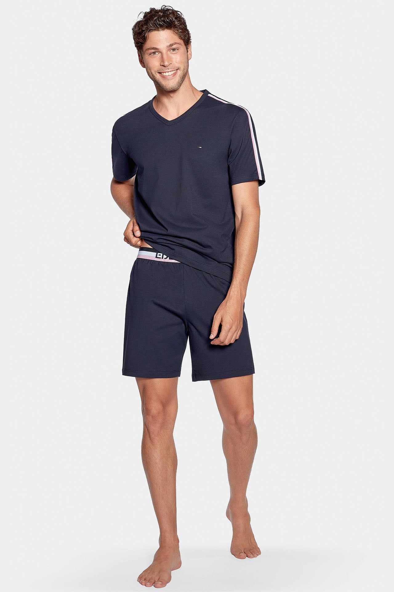 Pyjama court marine a details tricolores en jersey coton Eden Park