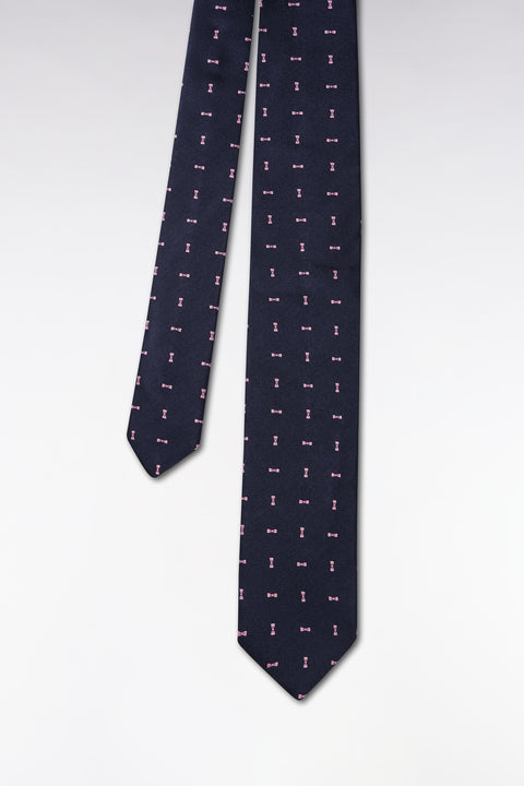 Cravate en soie marine à motifs nœud papillon rose - Image 1