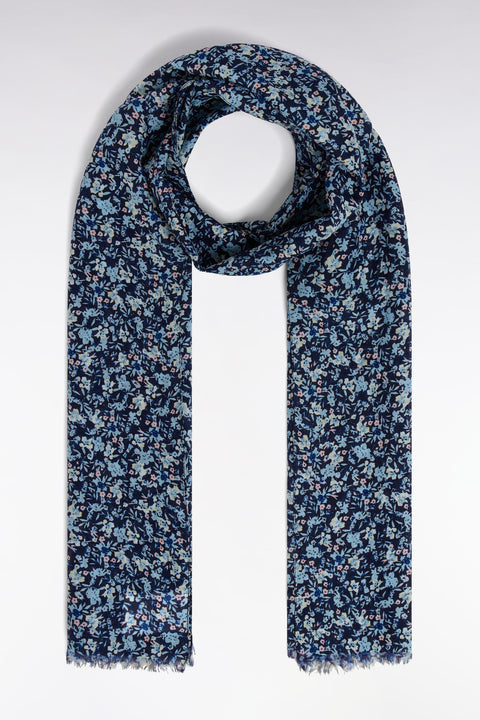 Écharpe en coton et soie imprimé fleuri bleu - Image 2