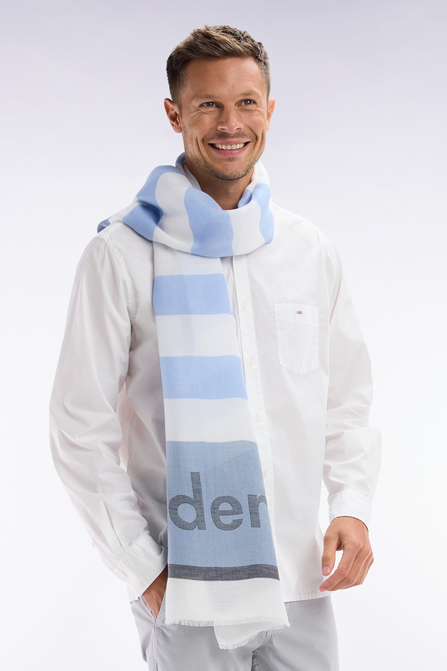 Grey and sky blue cotton-blend rimmed scarf