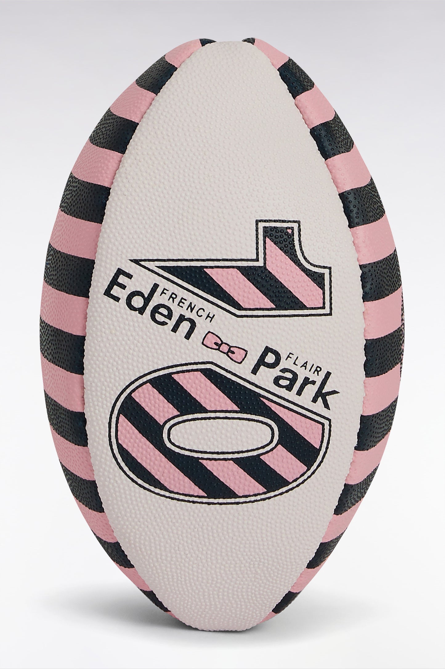 Mini ballon de rugby en caoutchouc cerclé rose et marine