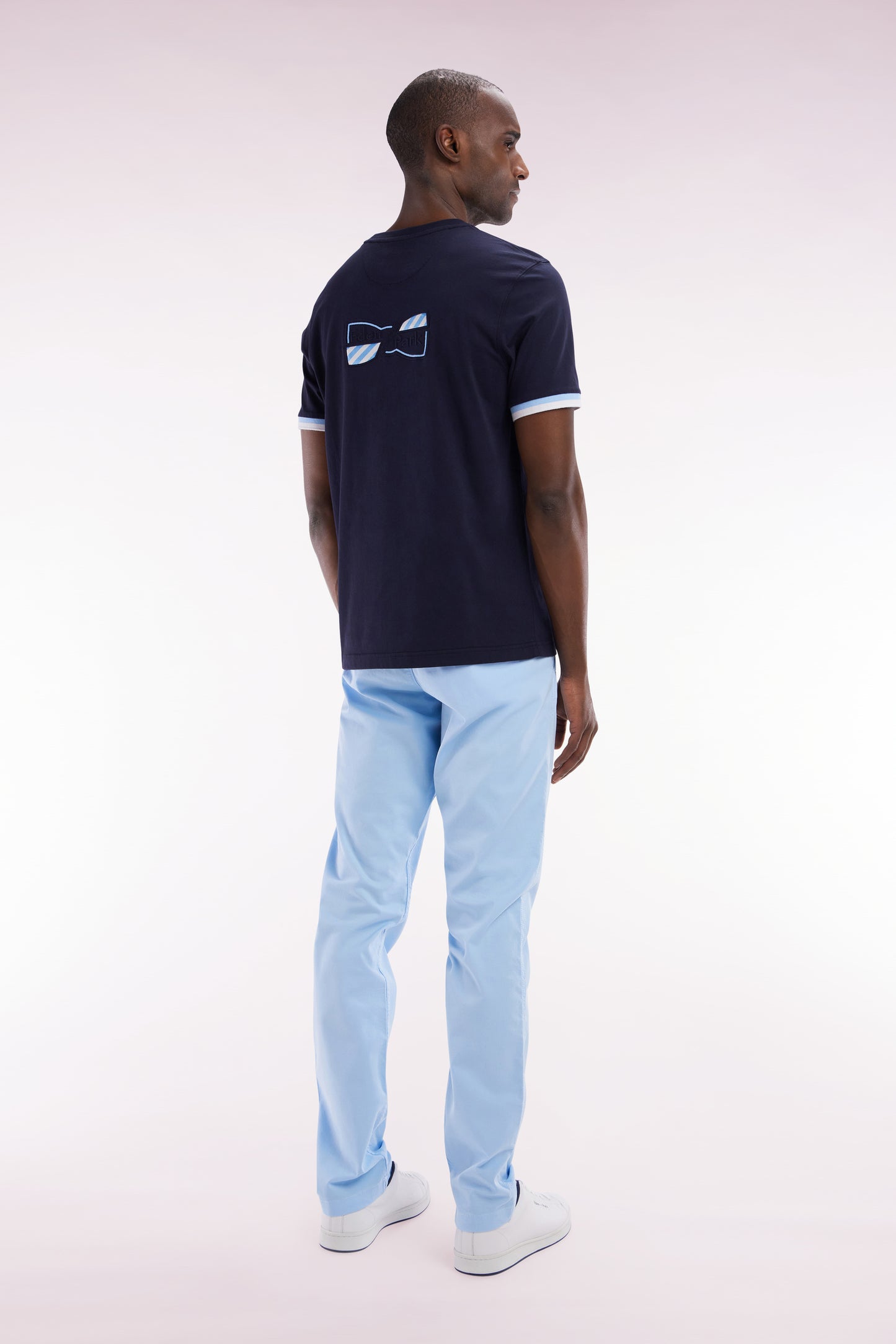 Light blue straight-cut stretch cotton pleat-free chinos