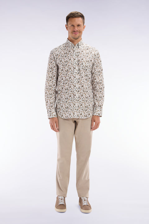 Straight-cut beige stretch cotton and linen pleat-free chinos - Image 1