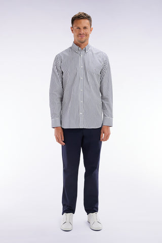 Straight-cut navy stretch cotton and linen pleat-free chinos