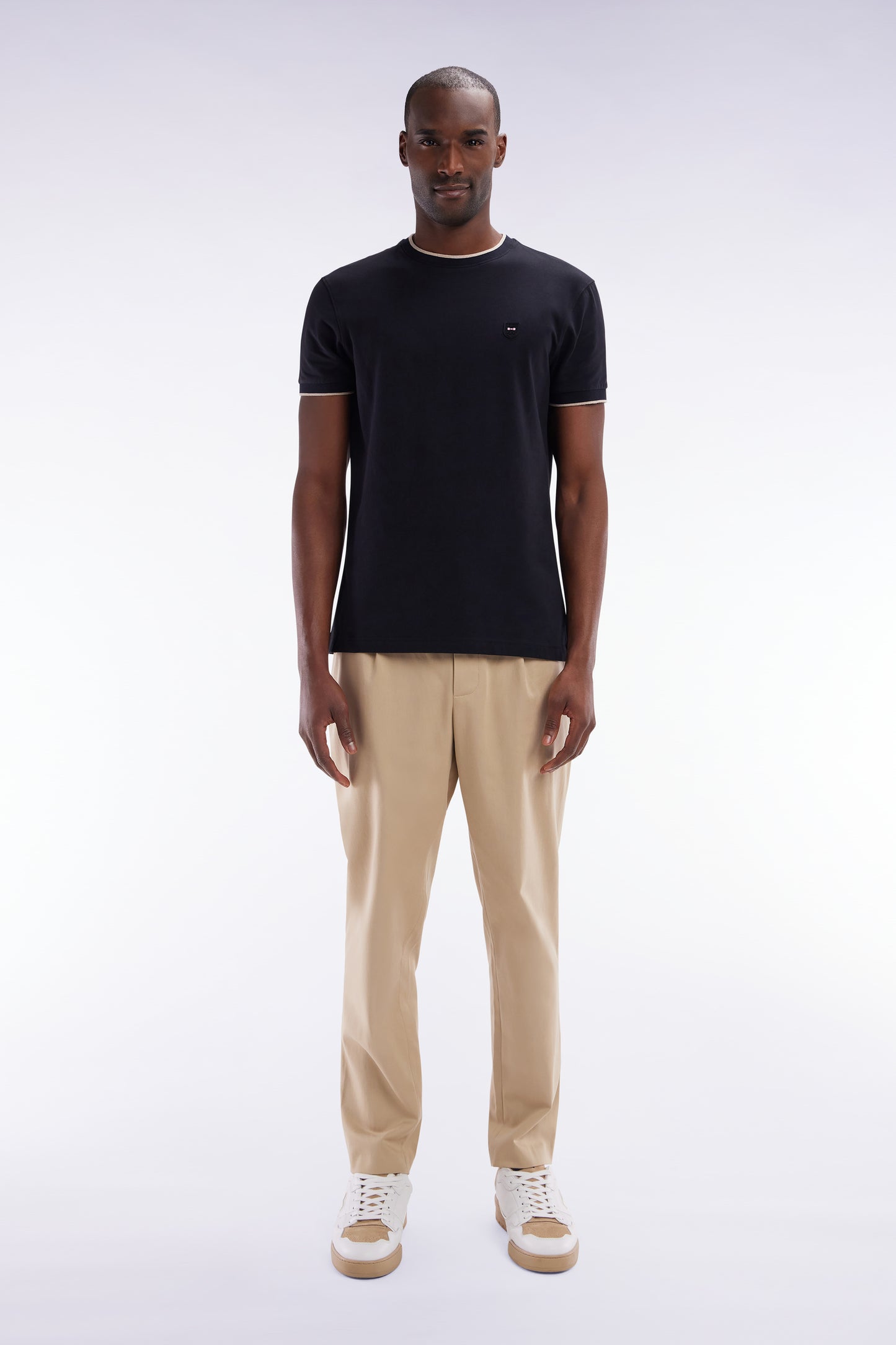 Elastic trousers in beige lyocell and stretch cotton