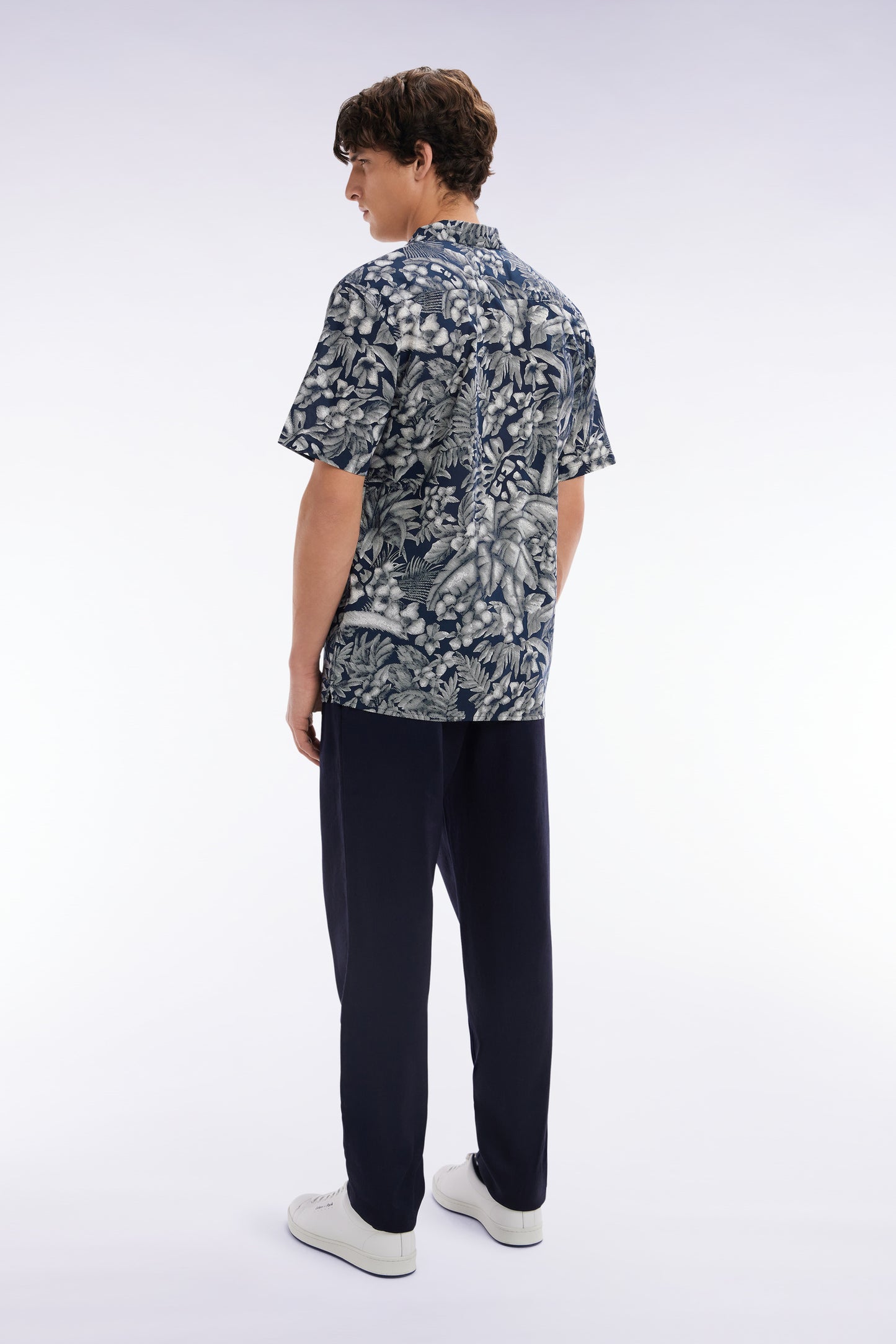 Flowing elastic trousers in navy stretch linen - cotton blend