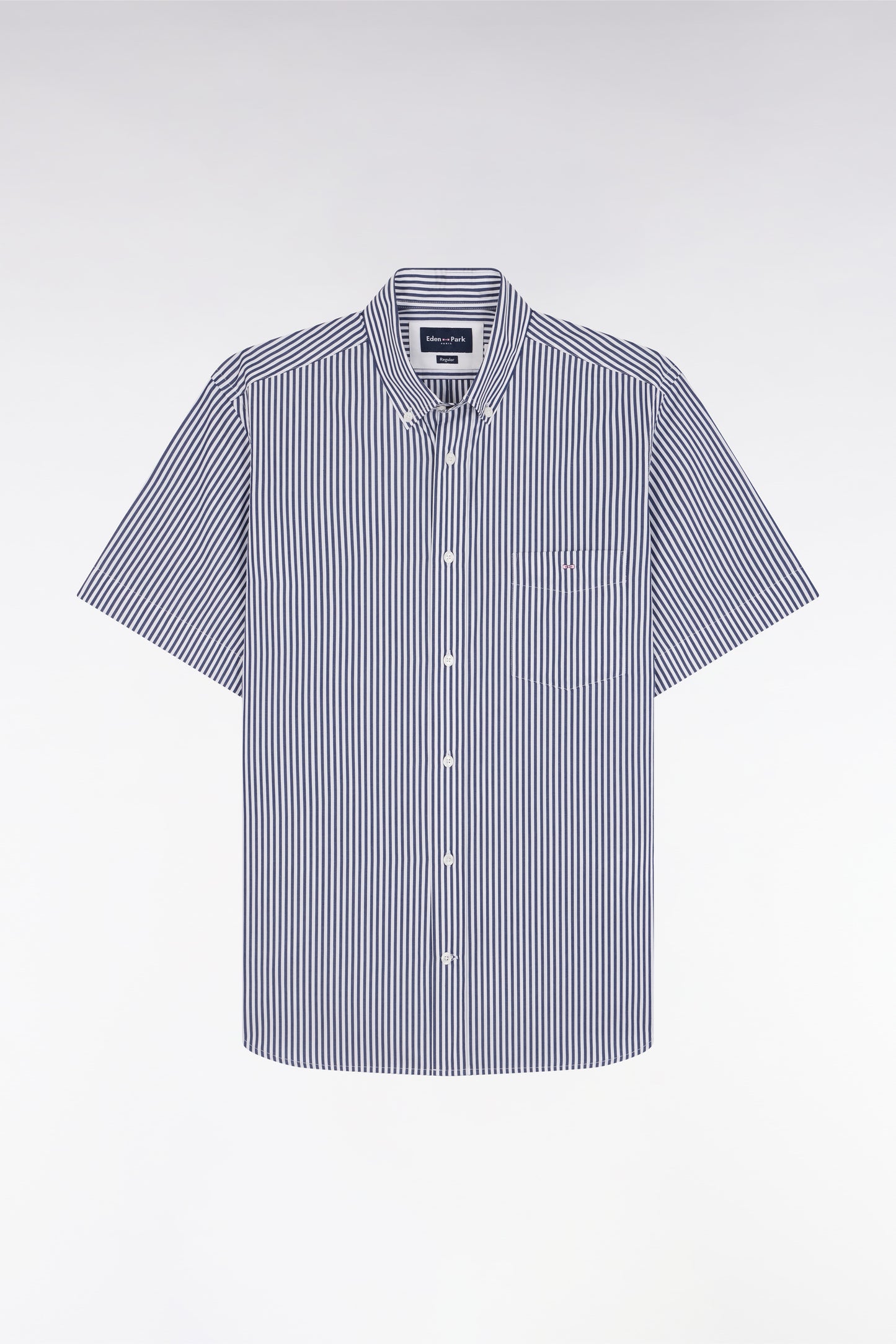 Straight short-sleeved shirt in striped dark blue cotton