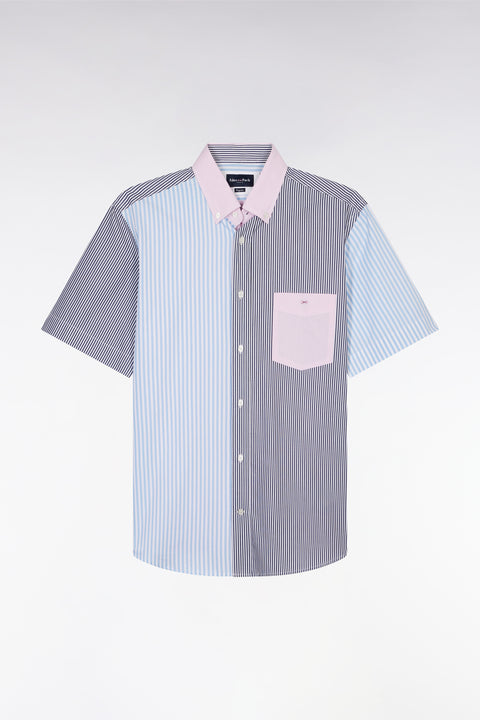 Chemise à manches courtes rayée en coton ciel rose et marine coupe droite - Image 2
