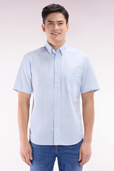 Chemise à manches courtes en popeline de coton rayée ciel coupe droite - Image 1