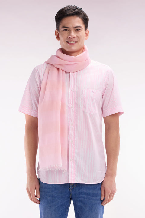 Chemise à manches courtes en coton tissage jacquard rayé rose coupe droite - Image 1