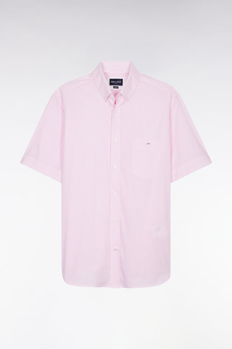 Chemise à manches courtes en coton tissage jacquard rayé rose coupe droite - Image 2
