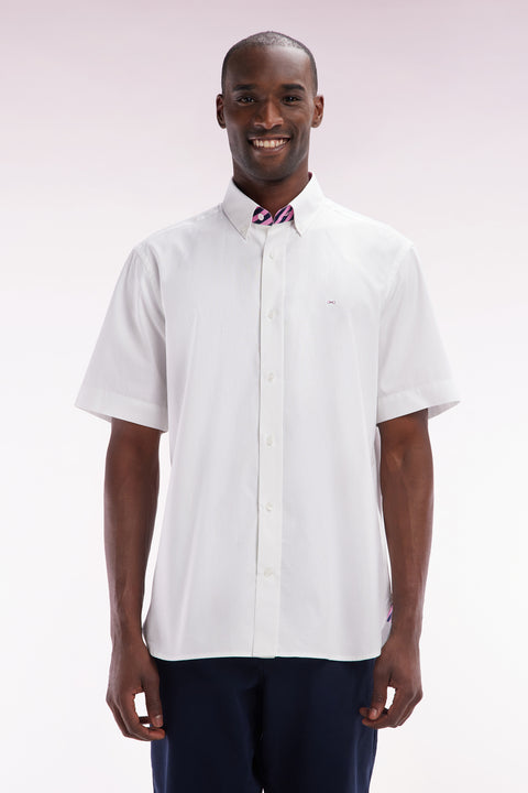 Straight short-sleeved white shirt in cotton with pink back embroidery - Image 1