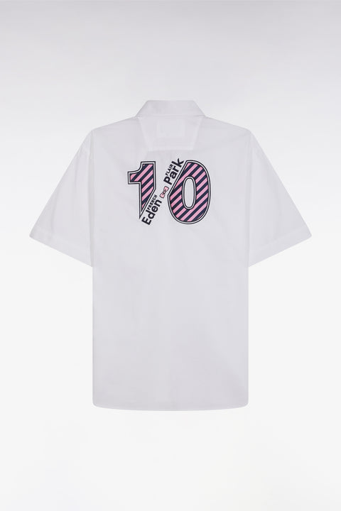 Straight short-sleeved white shirt in cotton with pink back embroidery - Image 2