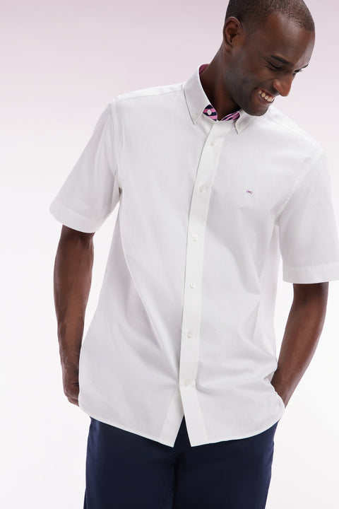Straight short-sleeved white shirt in cotton with pink back embroidery - Image 3