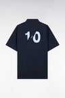Straight short-sleeved navy shirt in cotton with sky blue back embroidery