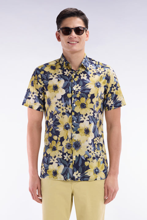 Straight short-sleeved navy shirt in cotton poplin yellow floral print - Image 1