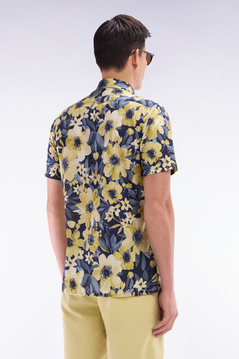 Straight short-sleeved navy shirt in cotton poplin yellow floral print - Image 3