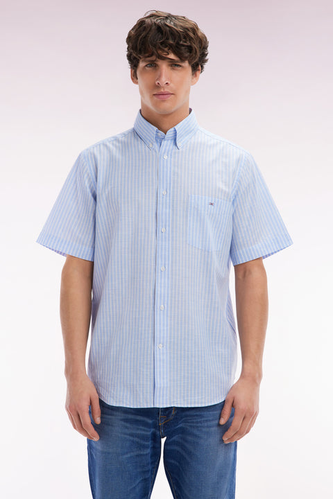Straight striped short-sleeved sky blue cotton shirt - Image 1