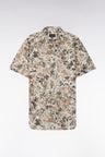 Slim-fit short-sleeved floral print shirt in khaki cotton