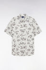Slim-fit short-sleeved ecru linen shirt with grey floral print