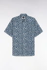 Straight-fit short-sleeved navy cotton shirt with palm tree microprint