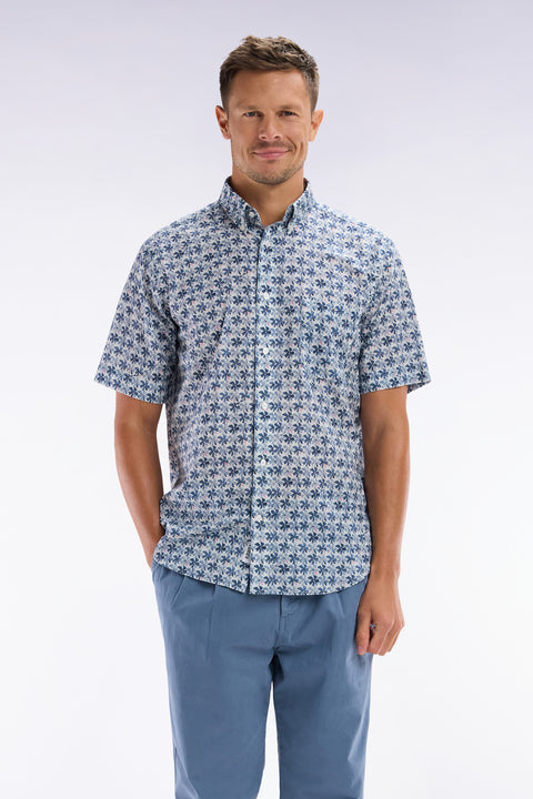 Chemise à manches courtes en coton gris moyen imprimé fleurs graphique coupe droite - Image 1