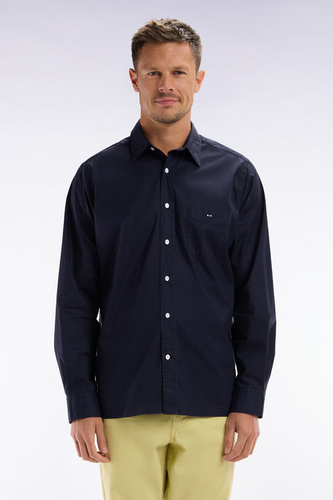 Straight-fit unisex shirt in navy stretch cotton and lyocell - Image 1