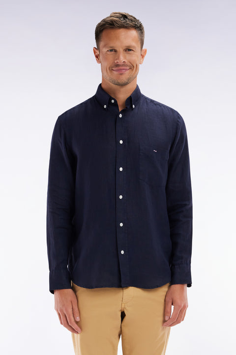 Straight-fit navy linen shirt - Image 1
