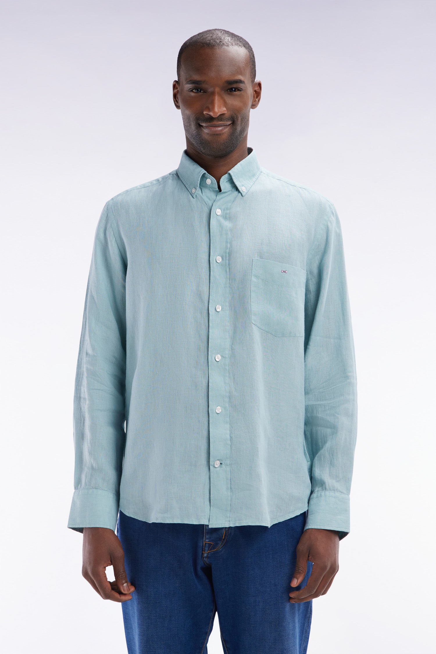 Shirt Chemise Bleu Canard Chemise En Lin Vert D'eau Unie Coupe