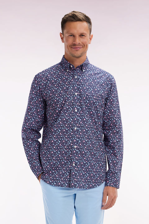 Straight-fit navy cotton shirt with micro-patterned design - Image 1