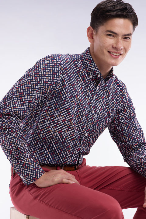 Chemise en popeline de coton marine à microimprimé rouge coupe droite - Image 3