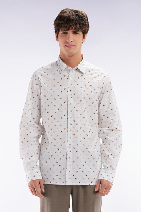 Straight-fit sand cotton poplin shirt with bow tie microprint - Image 1
