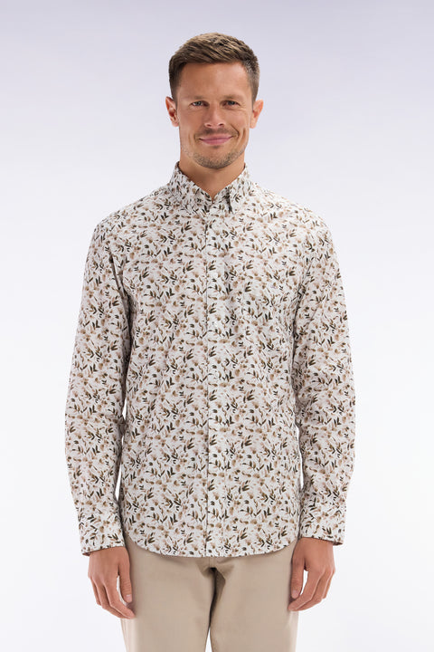 Chemise en popeline de coton beige microimprimé végétal coupe droite - Image 1