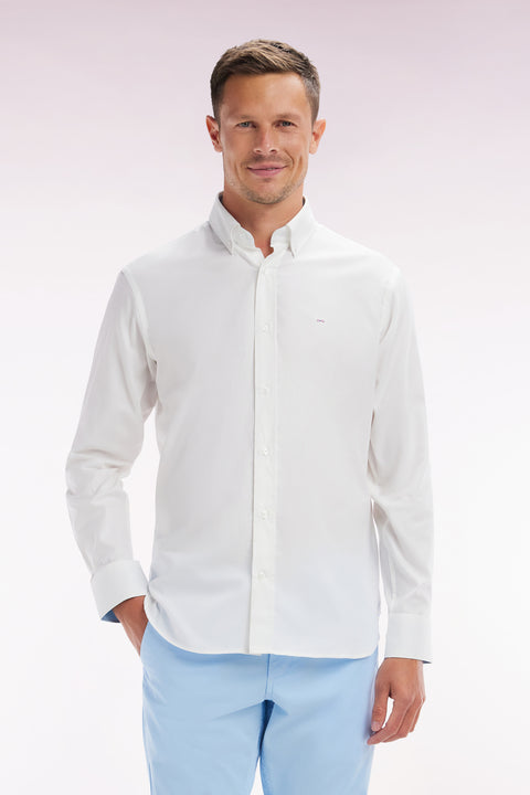 Chemise en coton pinpoint blanc broderie 10 coupe droite - Image 1