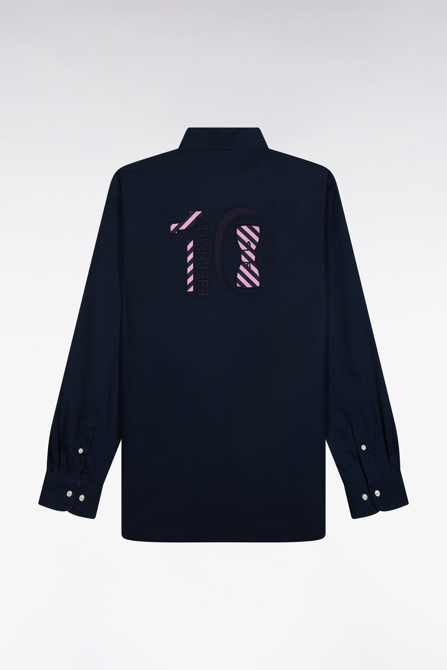 Straight-fit navy pinpoint cotton shirt with 10 embroidery