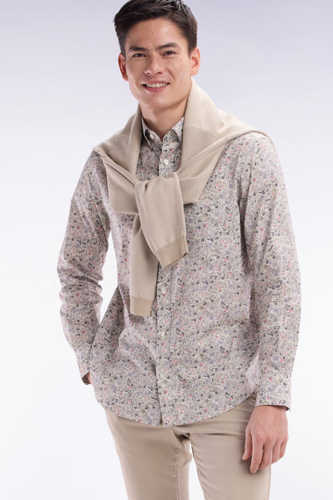 Straight-fit khaki Pima cotton poplin shirt with floral micro pattern - Image 3