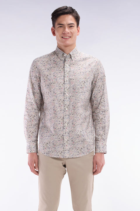 Straight-fit khaki Pima cotton poplin shirt with floral micro pattern - Image 1