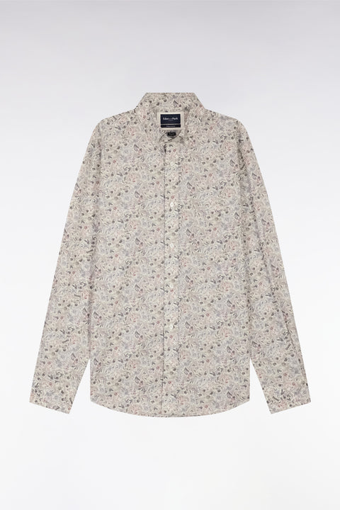 Straight-fit khaki Pima cotton poplin shirt with floral micro pattern - Image 2